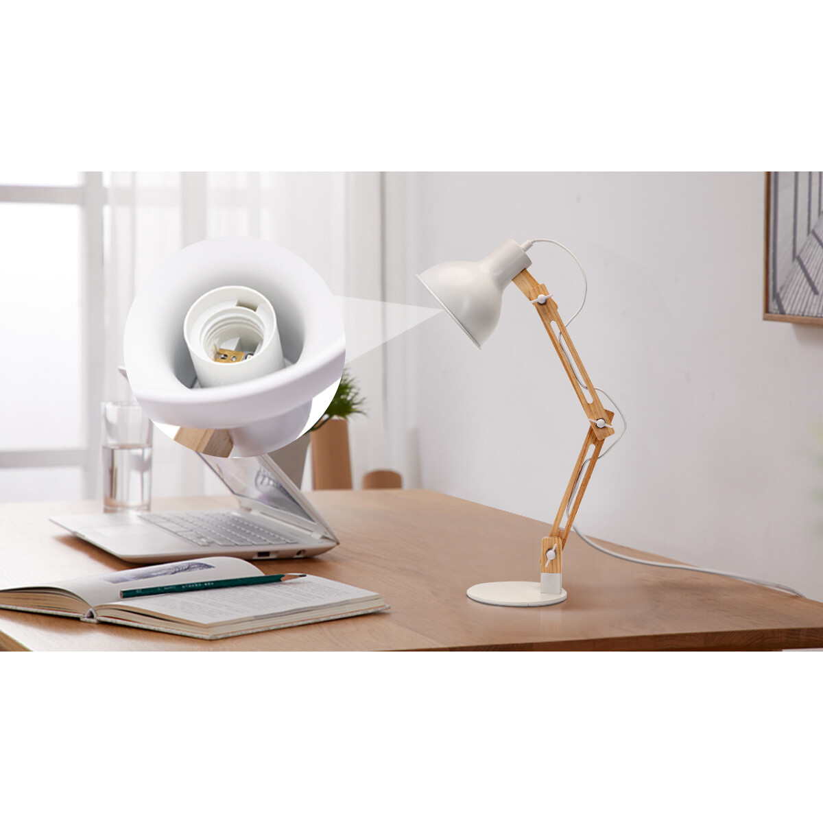 Lampe de bureau LED - Aigi Julia - Douille E27 - Rond - Mat Gris/Brun - Bois