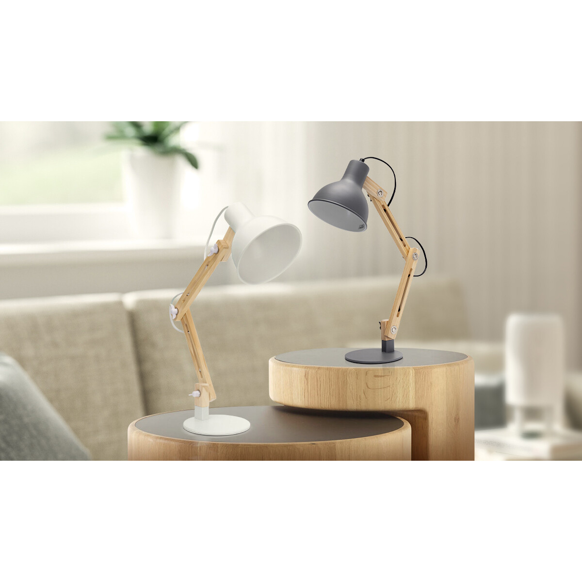 Lampe de bureau LED - Aigi Julia - Douille E27 - Rond - Mat Gris/Brun - Bois