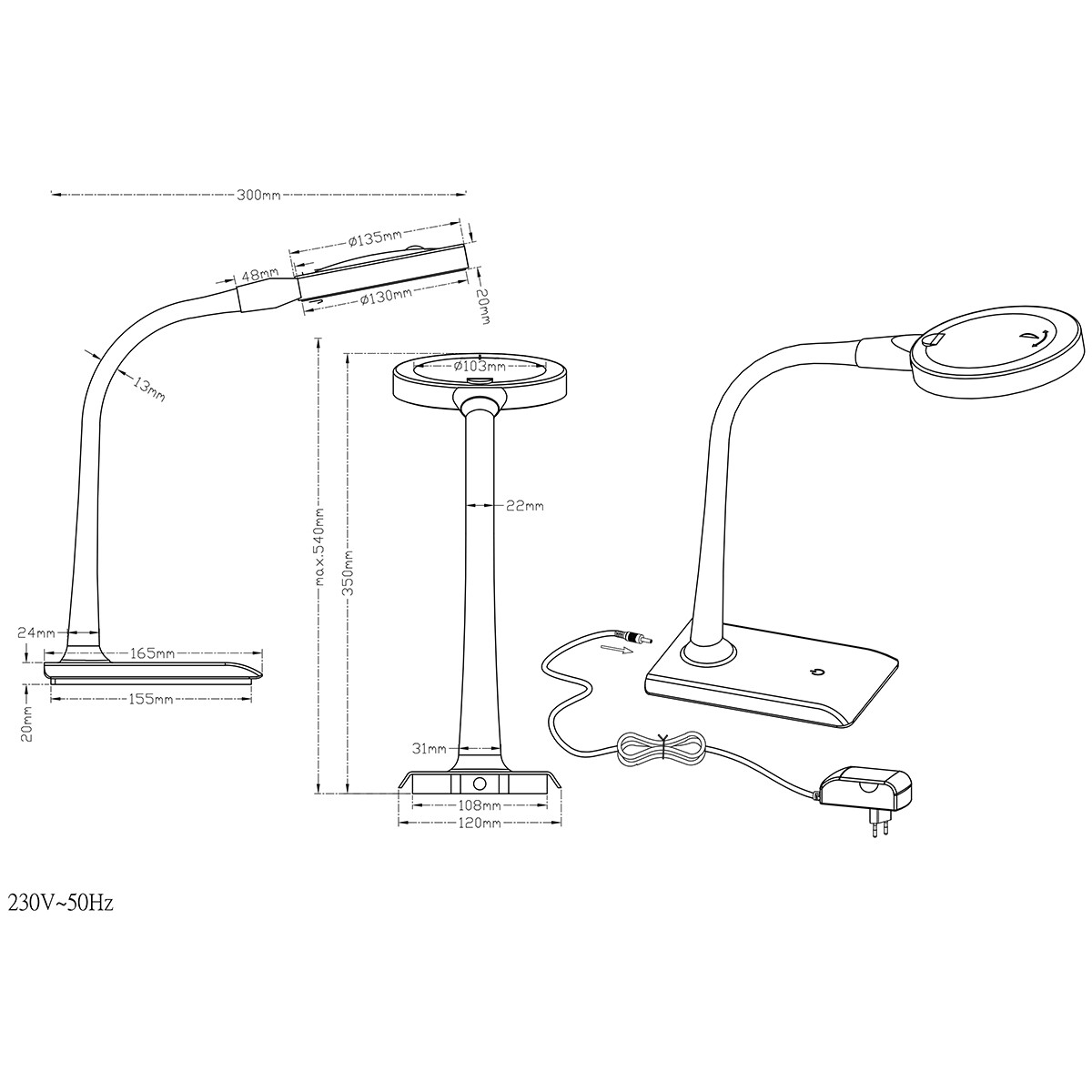 Lampe de bureau LED - Éclairage de Table - Trion Lumpa - 5W - Blanc Chaud 3000K - Rond - Mat Noir - Plastique