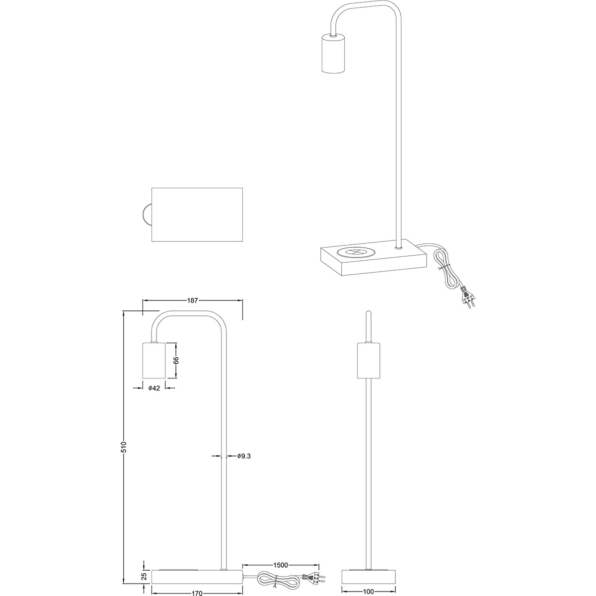 Lampe de Table LED - Éclairage de Table - Trion Milaya - Douille E27 - Rectangle - Mat Noir - Aluminium