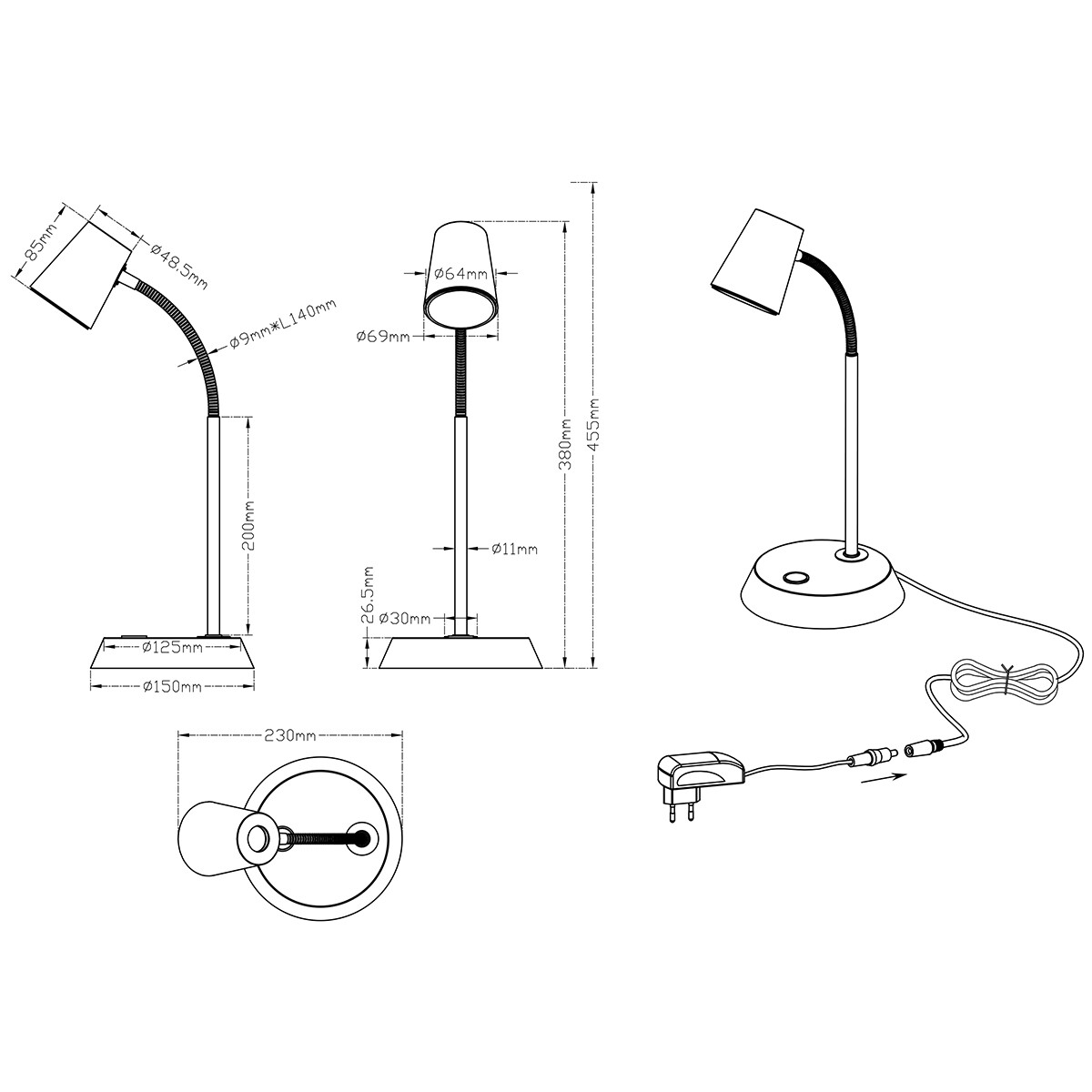 Lampe de bureau LED - Éclairage de Table - Trion Narca - 4W - Blanc Chaud 3000K - Rond - Mat Nickel - Aluminium