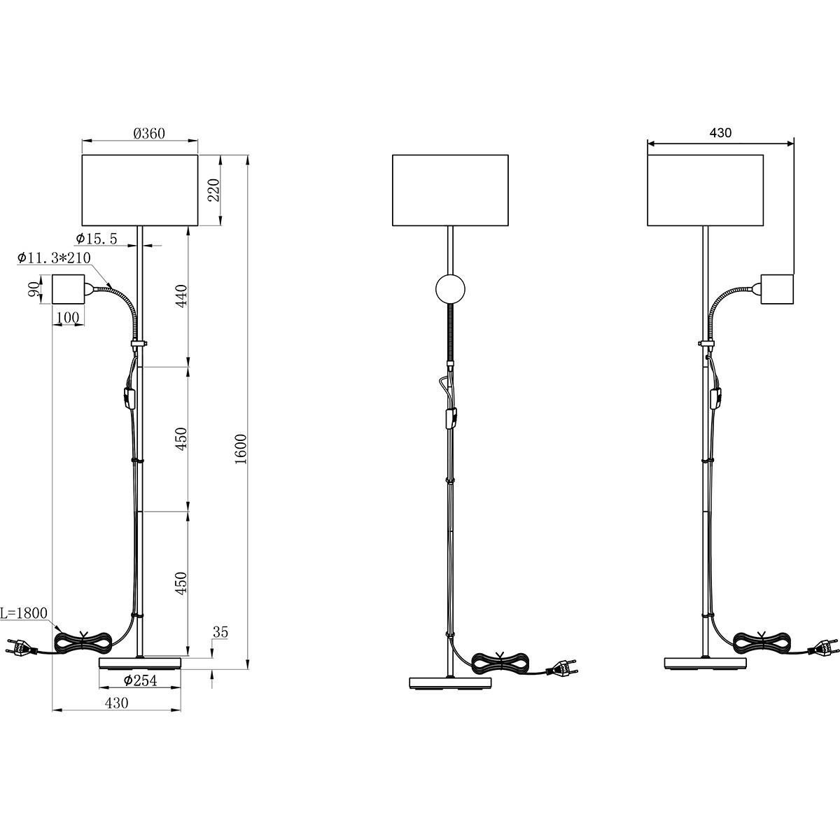 Lampadaire LED - Éclairage de sol - Trion Owino - Douille E27 - Rond - Mat Noir - Aluminium