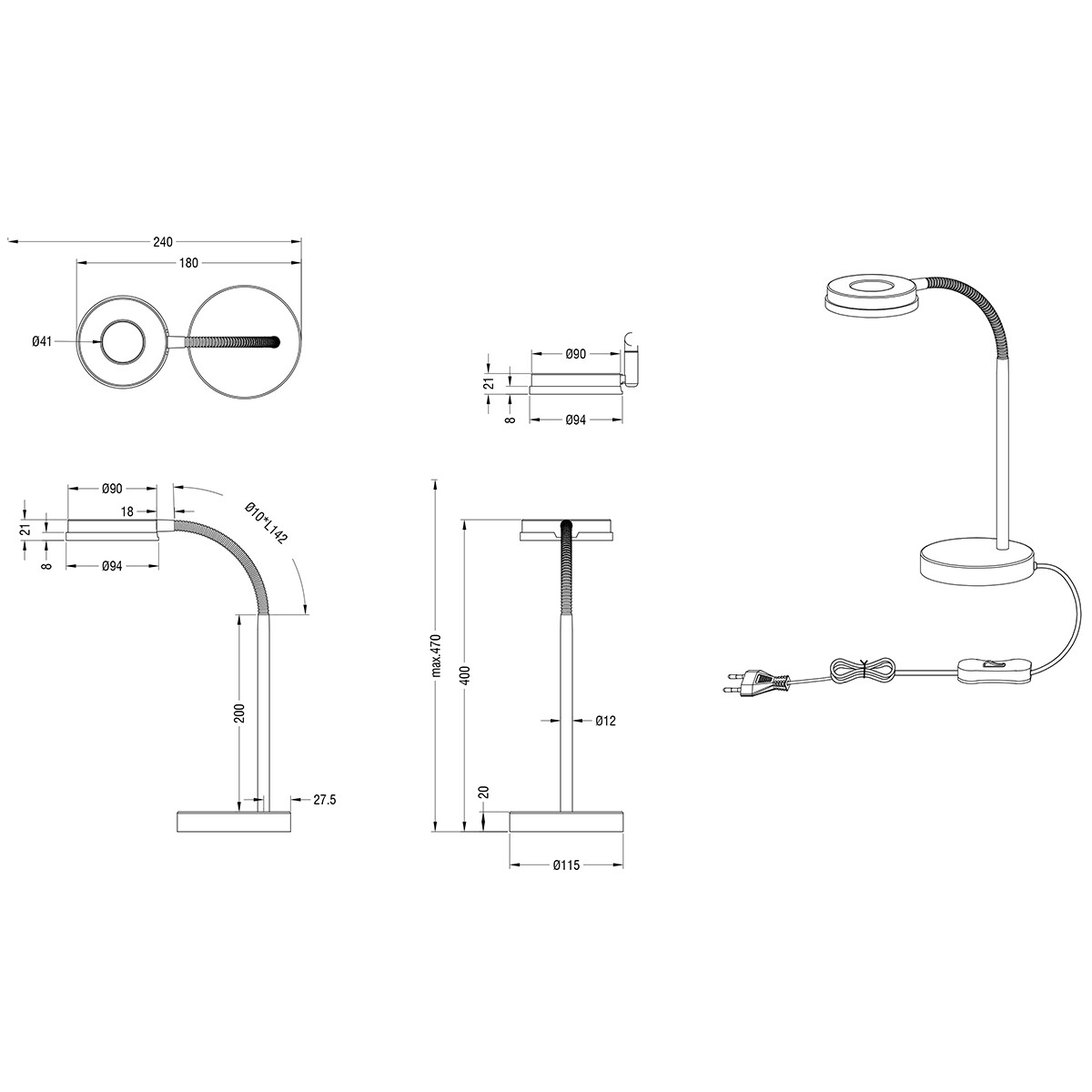 Lampe de bureau LED - Éclairage de Table - Trion Renny - 4W - Blanc Chaud 3000K - Rond - Chrome Brillant - Aluminium