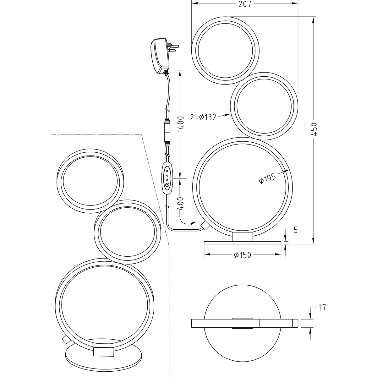 Lampe de Table LED - Trion Rondy - 17W - Blanc Chaud 3000K - Dimmable - Rond - Mat Argent - Aluminium