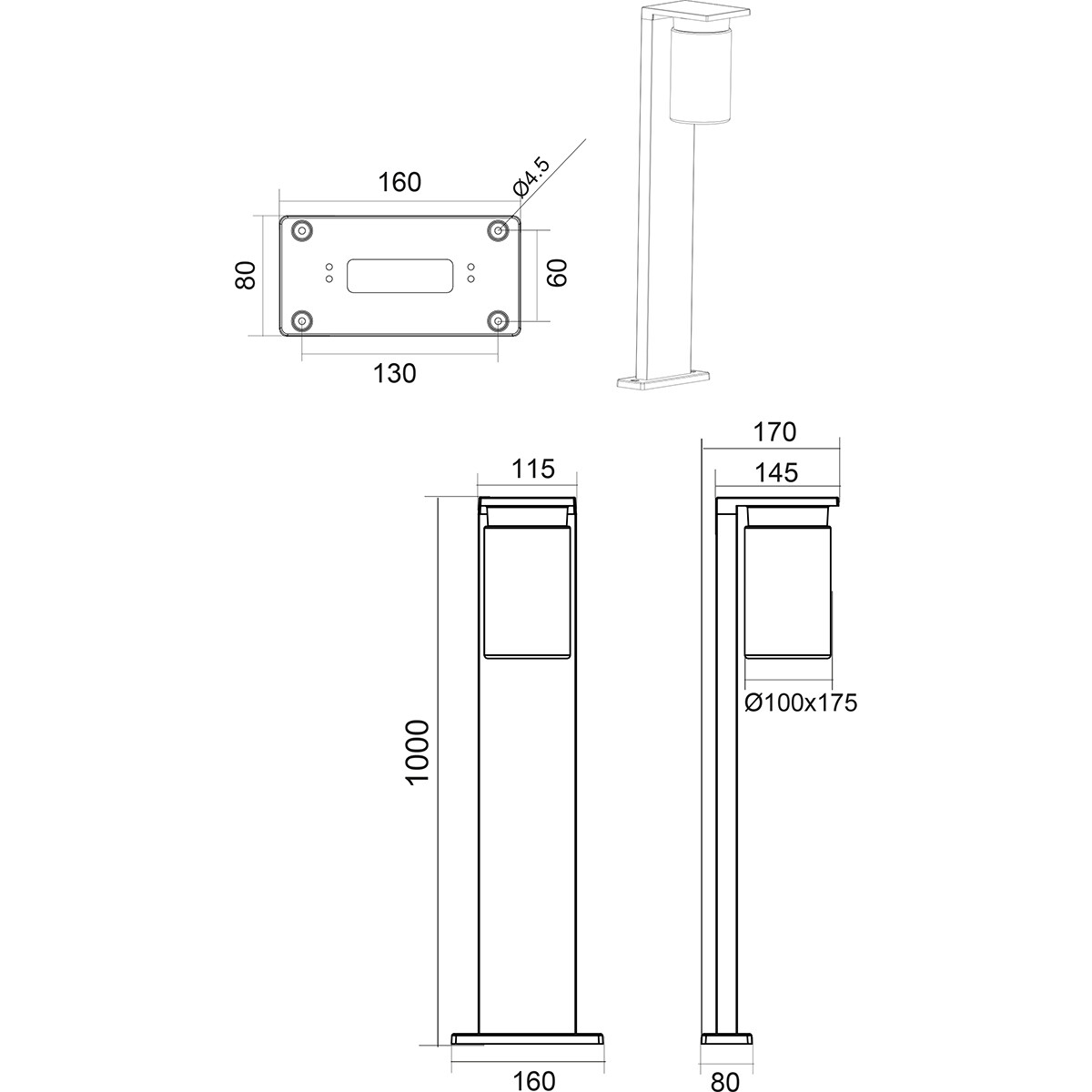 Éclairage de Jardin LED avec Capteurs de Luminosité - Lampe d'Extérieur sur Pied - Trion Ardola XL - Douille E27 - Étanche aux Éclaboussures IP44 - Rectangle - Mat Noir - Aluminium