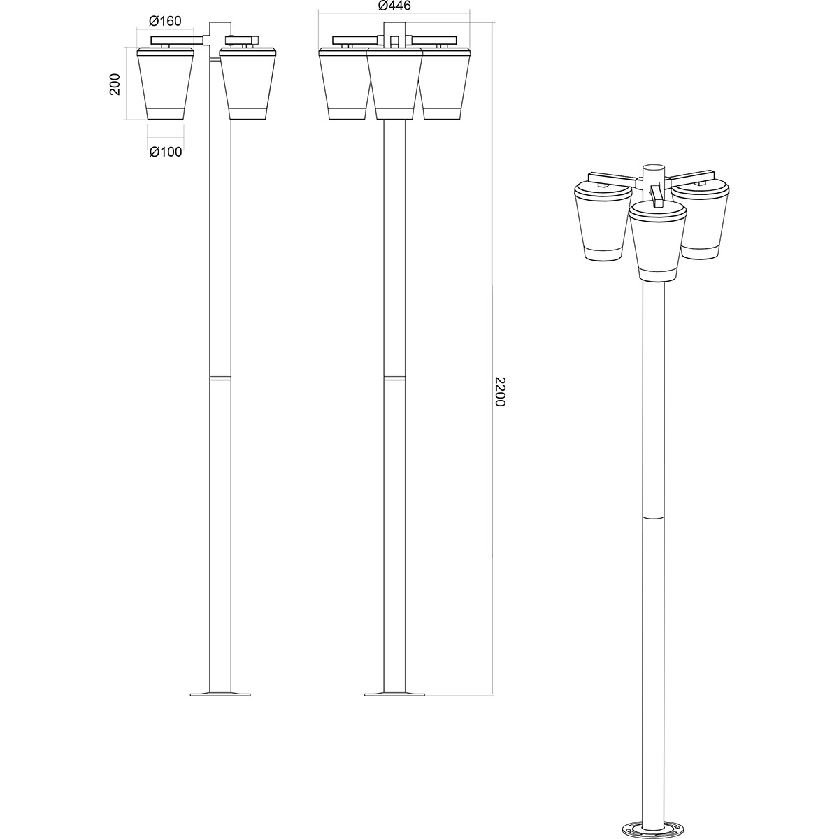 Éclairage de Jardin LED - Lampe d'Extérieur sur Pied - Trion Civonu - Douille E27 - 3-lumières - Étanche aux Éclaboussures IP44 - Rond - Mat Anthracite - Aluminium