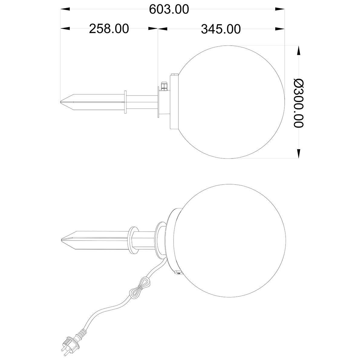 Lampe de jardin à piquer avec prise LED - Trion Balino - Douille E27 - Mat Noir - Plastique - Ø300