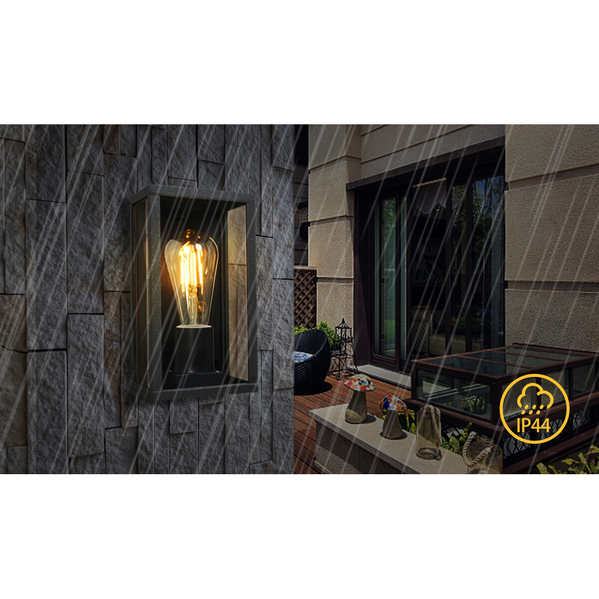 Éclairage de Jardin LED - Lampe murale extérieure - Aigi Hutry - Douille E27 - Carré - Mat Noir - Aluminium