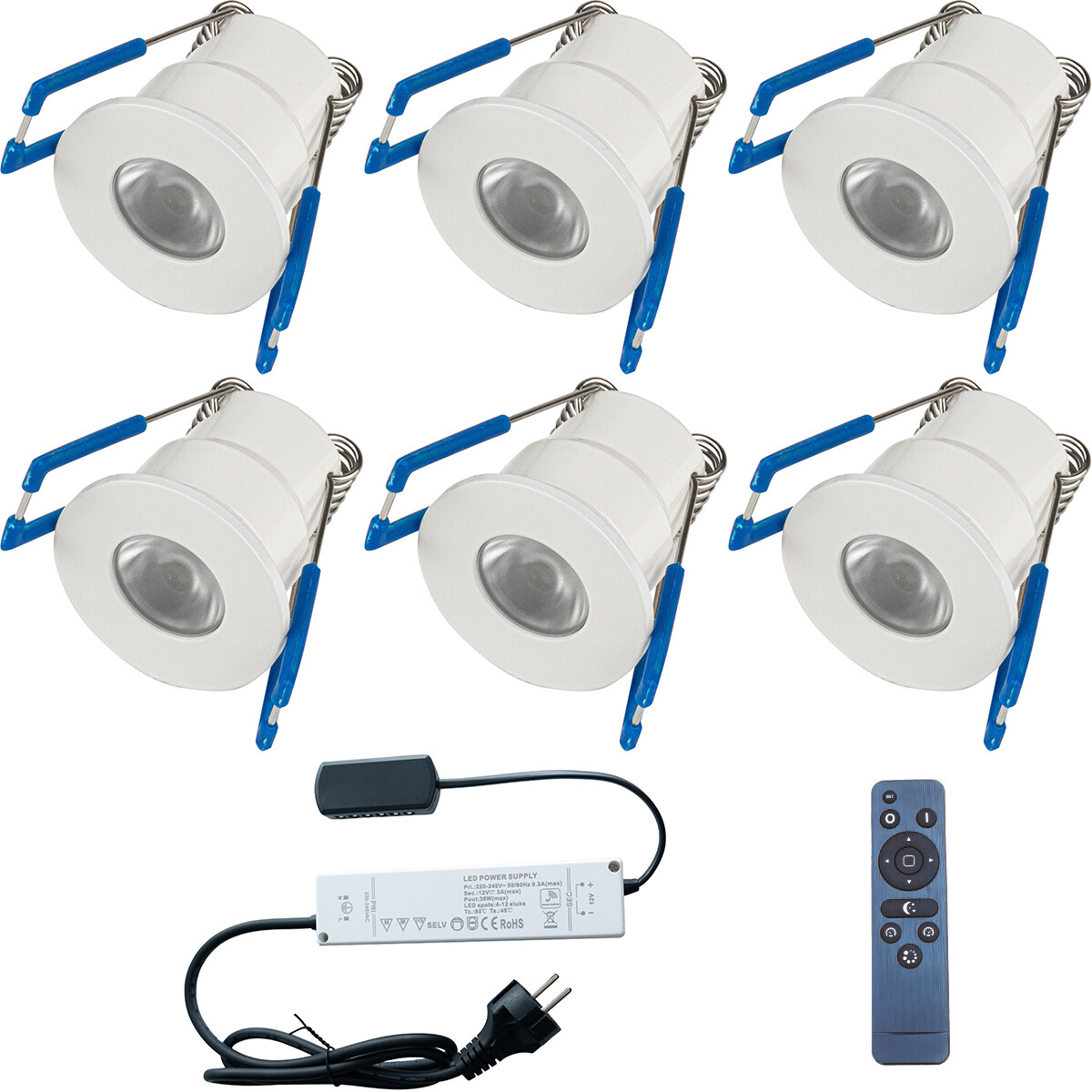 Spot de Véranda LED Ensemble Complet - 6 Pièces - 3W - Blanc Neutre 4000K - Dimmable - Étanche IP65 - Encastré - Rond - Mat Blanc - Aluminium - 12V