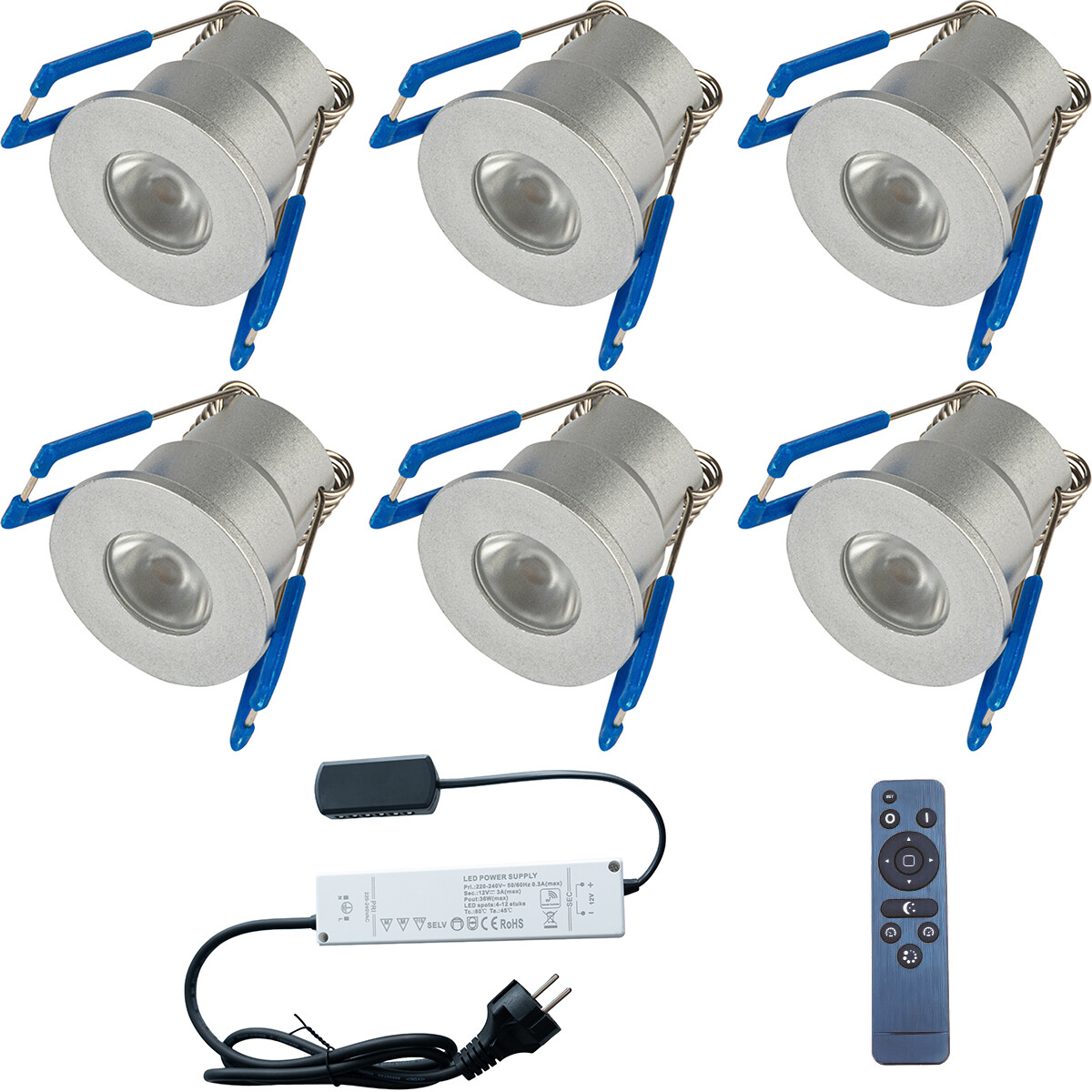 Spot de Véranda LED Ensemble Complet - 6 Pièces - 3W - Blanc Neutre 4000K - Dimmable - Étanche IP65 - Encastré - Rond - Mat Argent - Aluminium - 12V