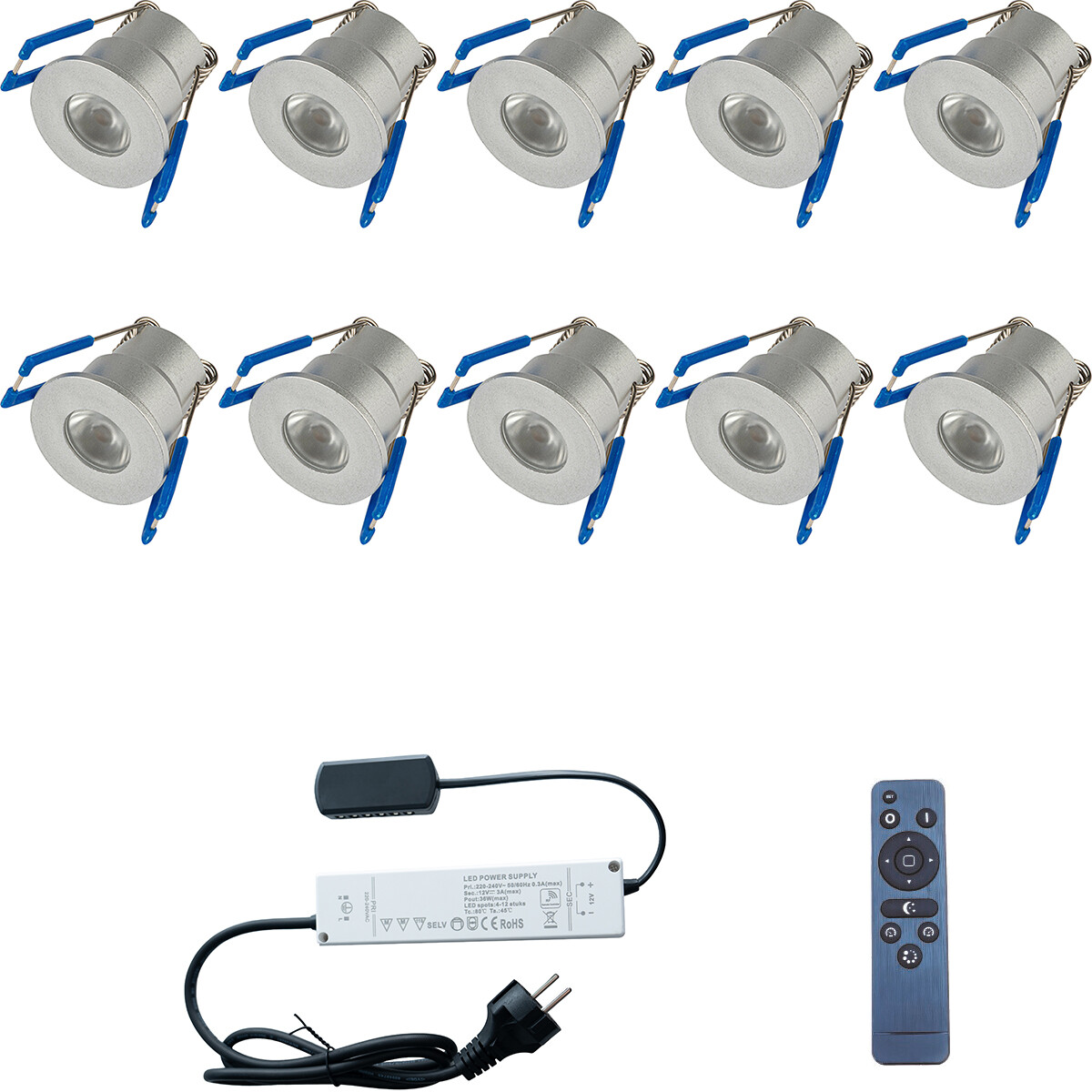 Spot de Véranda LED Ensemble Complet - 10 Pièces - 3W - Blanc Neutre 4000K - Dimmable - Étanche IP65 - Encastré - Rond - Mat Argent - Aluminium - 12V