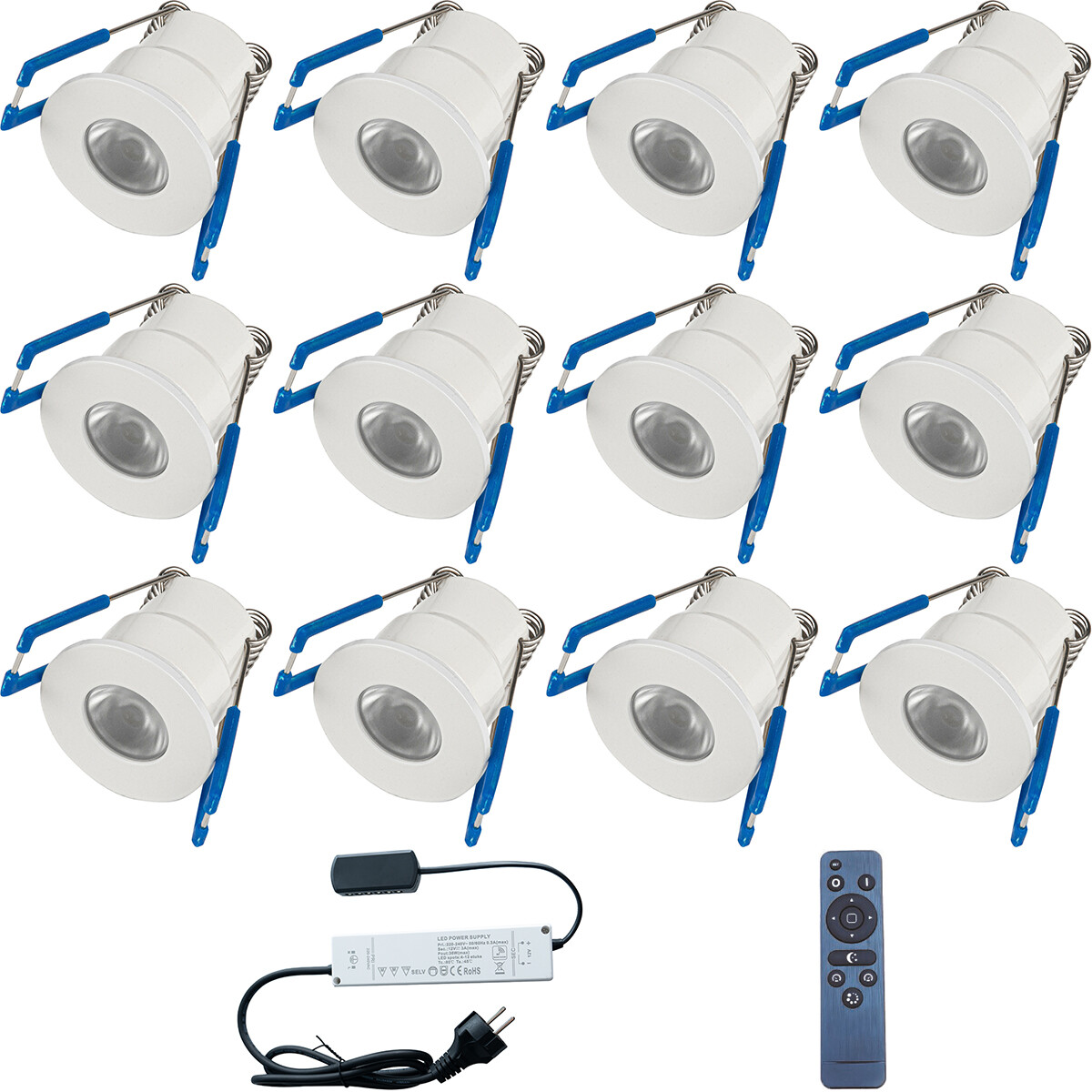 Spot de Véranda LED Ensemble Complet - 12 Pièces - 3W - Blanc Neutre 4000K - Dimmable - Étanche IP65 - Encastré - Rond - Mat Blanc - Aluminium - 12V