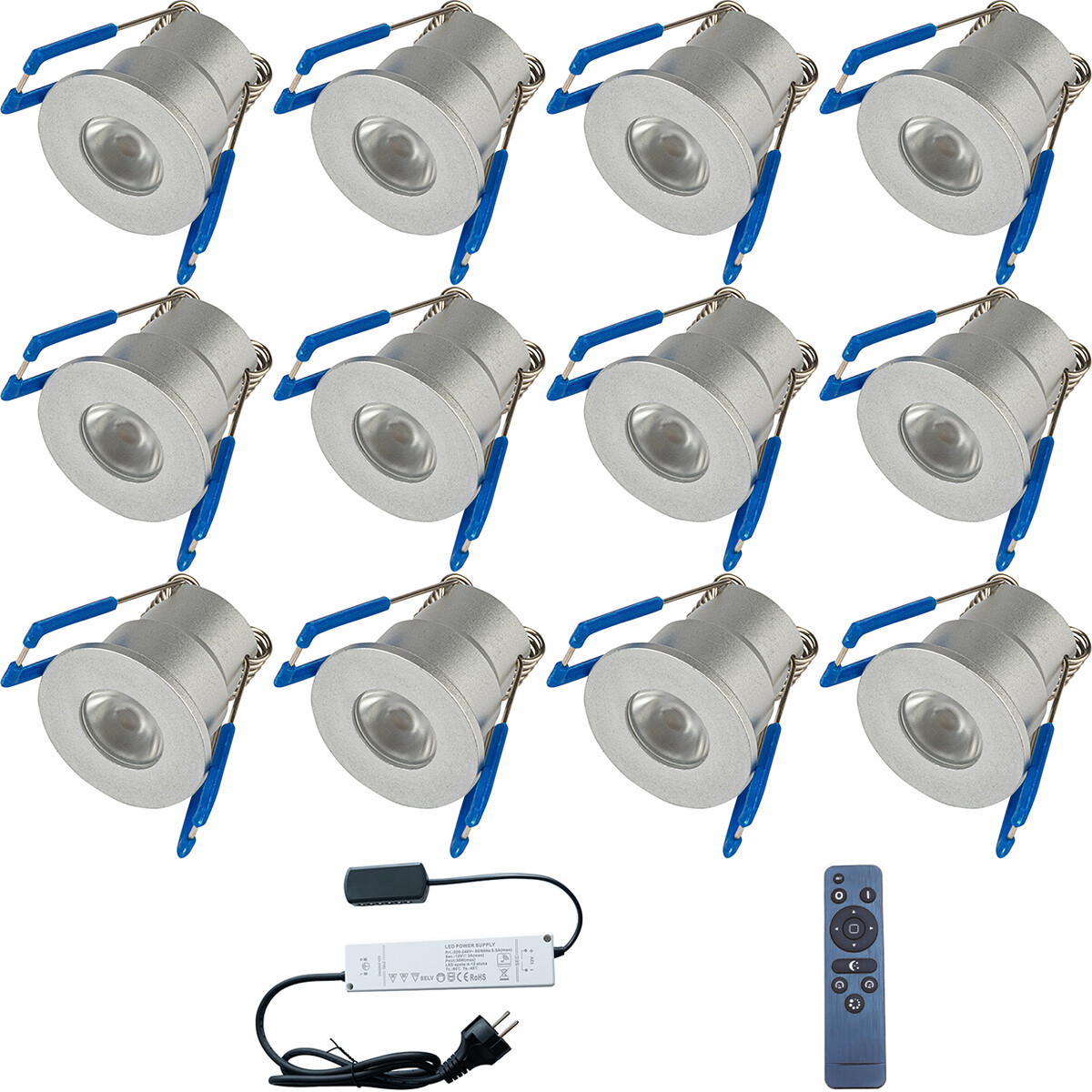 Spot de Véranda LED Ensemble Complet - 12 Pièces - 3W - Blanc Neutre 4000K - Dimmable - Étanche IP65 - Encastré - Rond - Mat Argent - Aluminium - 12V