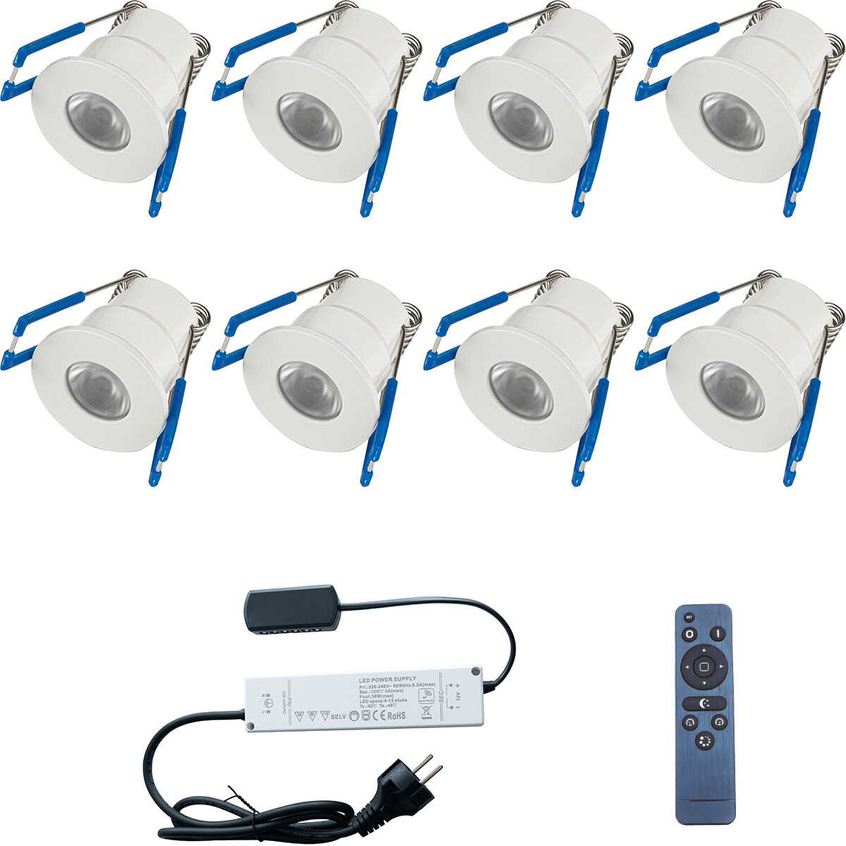 Spot de Véranda LED Ensemble Complet - 8 Pièces - 3W - Blanc Neutre 4000K - Dimmable - Étanche IP65 - Encastré - Rond - Mat Blanc - Aluminium - 12V