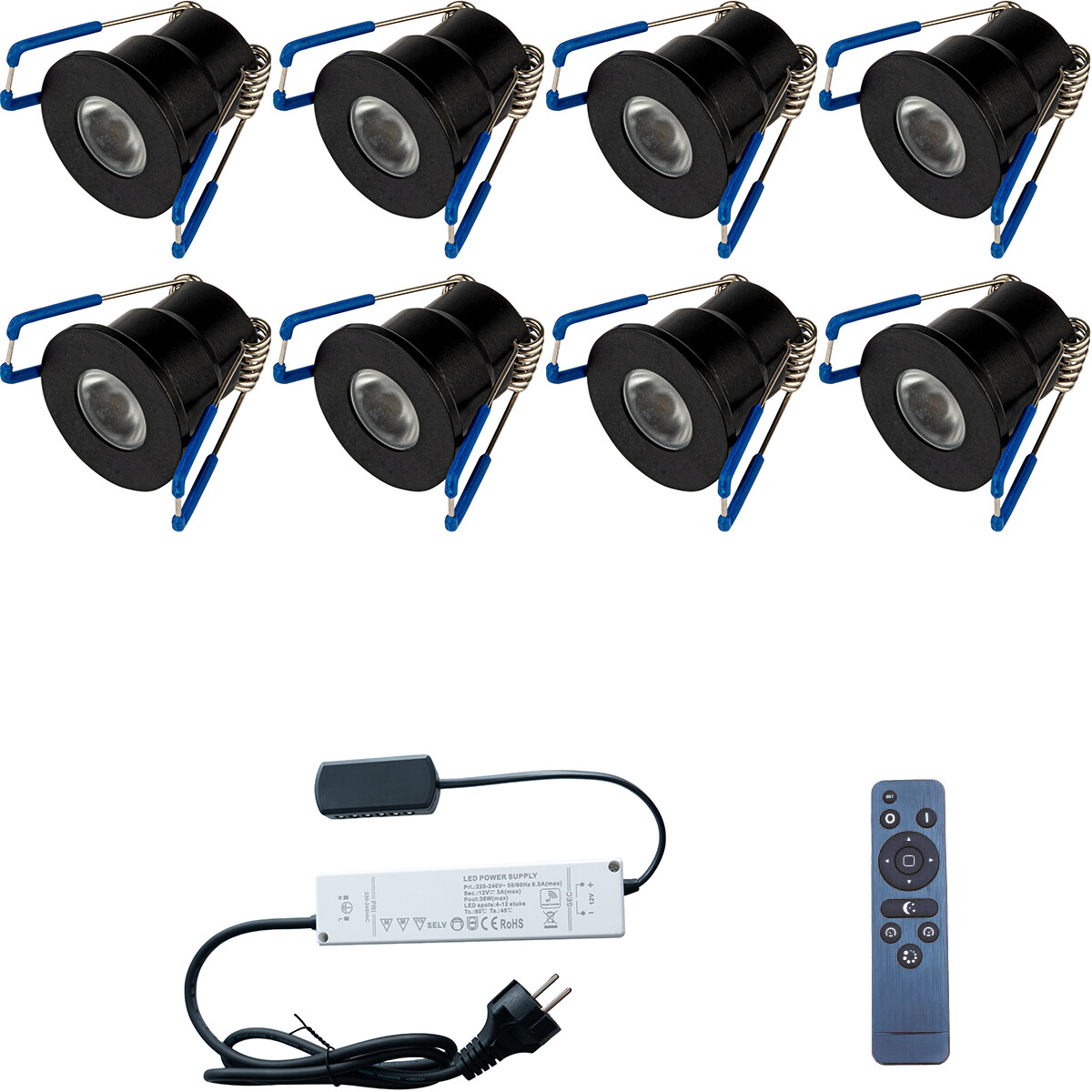 Spot de Véranda LED Ensemble Complet - 8 Pièces - 3W - Blanc Chaud 3000K - Dimmable - Étanche IP65 - Encastré - Rond - Mat Noir - Aluminium - 12V