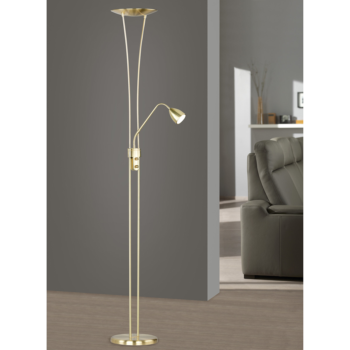 Lampadaire LED - Trion Azorina - 20W + 5W - Blanc Chaud 3000K - 2-lumières - Dimmable - Rond - Mat Or - Aluminium