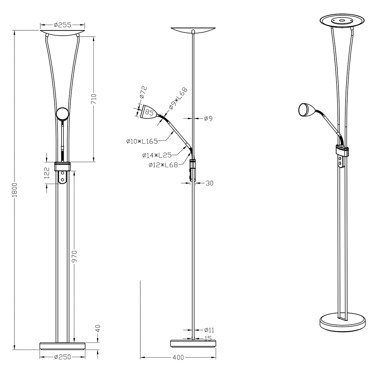 Lampadaire LED - Trion Azorina - 20W + 5W - Blanc Chaud 3000K - 2-lumières - Dimmable - Rond - Mat Or - Aluminium