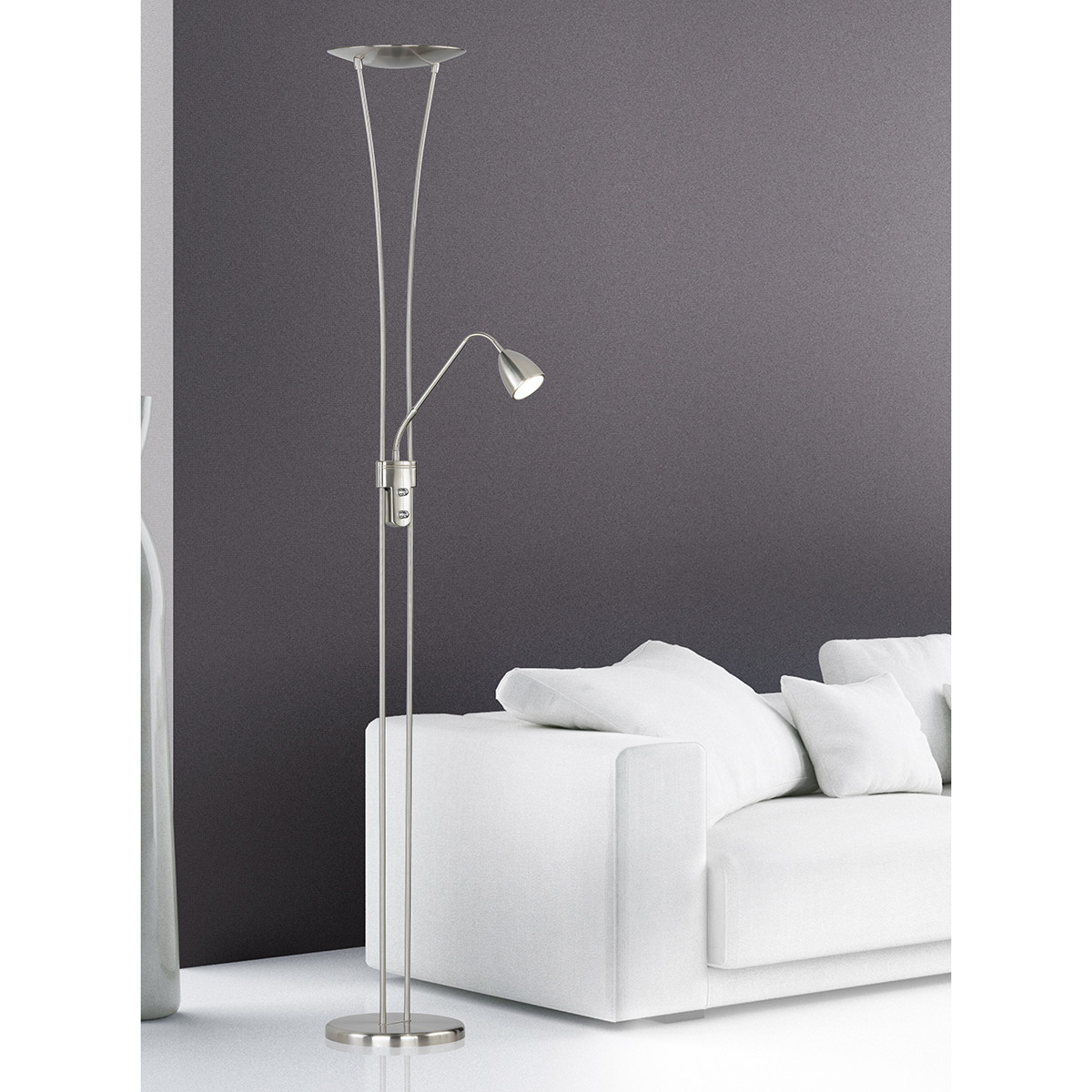 Lampadaire LED - Trion Azorina - 20W + 5W - Blanc Chaud 3000K - 2-lumières - Dimmable - Rond - Mat Nickel - Aluminium