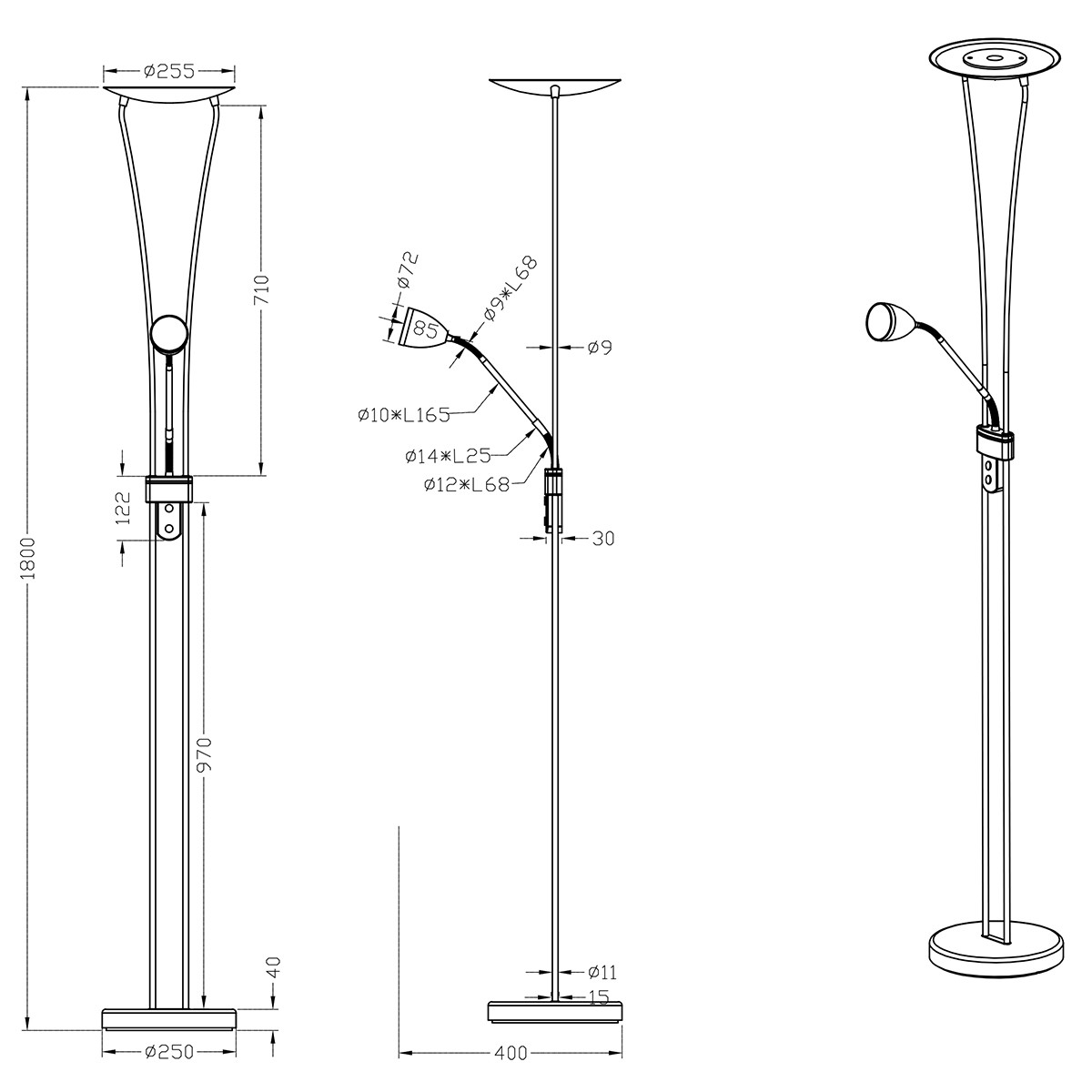 Lampadaire LED - Trion Azorina - 20W + 5W - Blanc Chaud 3000K - 2-lumières - Dimmable - Rond - Mat Nickel - Aluminium