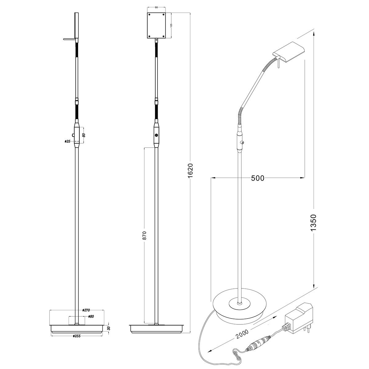 Lampadaire LED - Trion Bernaro - 12W - Blanc Chaud 3000K - Dimmable - Rond - Mat Nickel - Aluminium