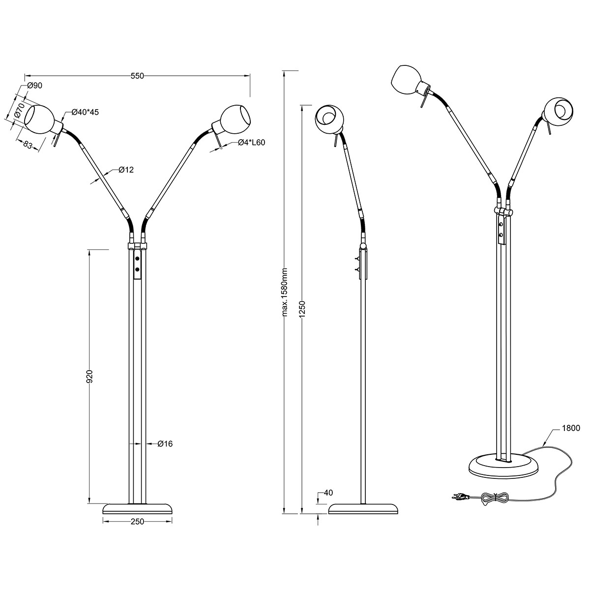 Lampadaire LED - Trion Besina - Douille E14 - 2-lumières - Bras Flexible - Rond - Mat Nickel - Aluminium