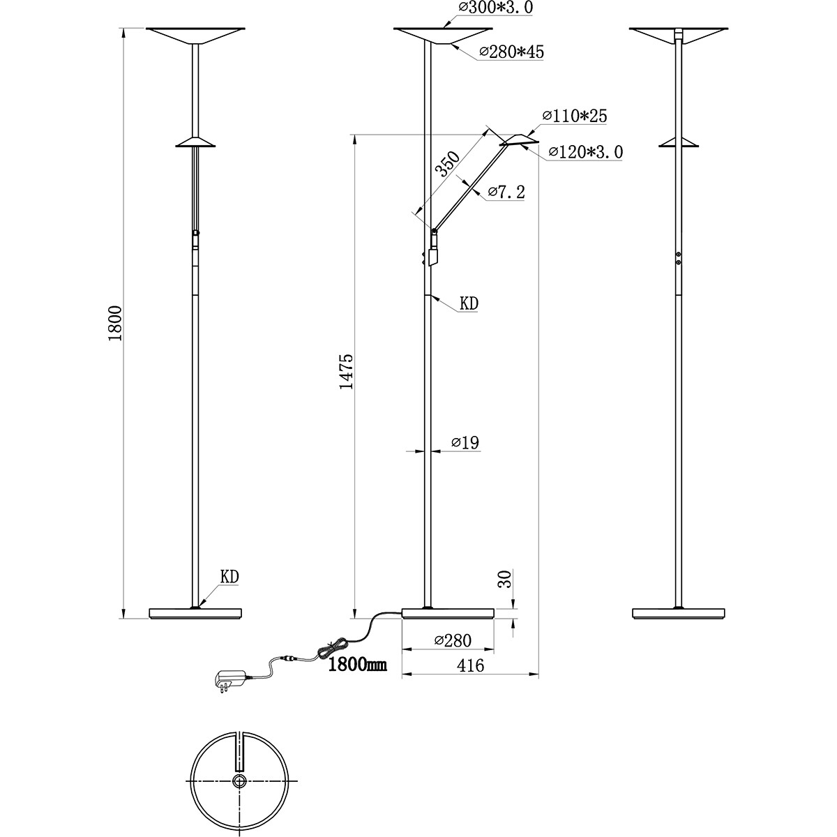 Lampadaire LED - Trion Bravo - 36.5W - Couleur de lumière ajustable - Dimmable - Rond - Mat Bronze - Aluminium