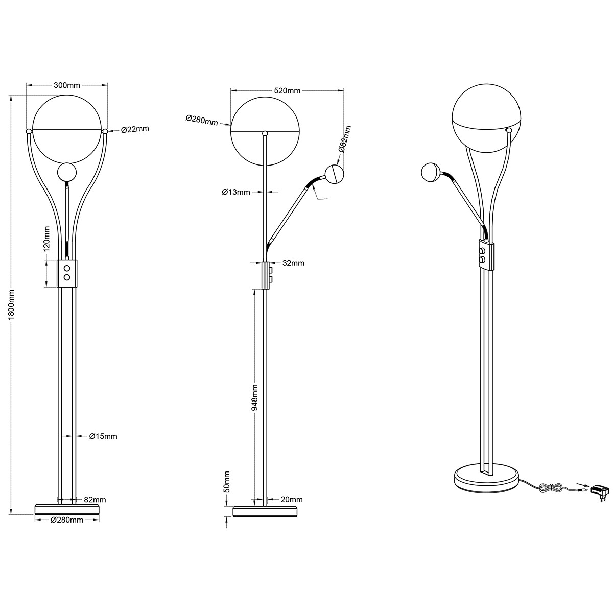 Lampadaire LED - Trion Chiso - 25W - Blanc Chaud 3000K - 2-lumières - Dimmable - Rond - Chrome Brillant - Aluminium