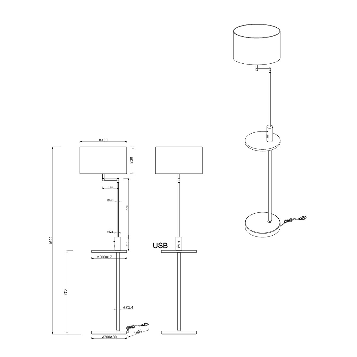 Lampadaire LED - Trion Cliso - Douille E27 - Rond - Mat Nickel - Aluminium