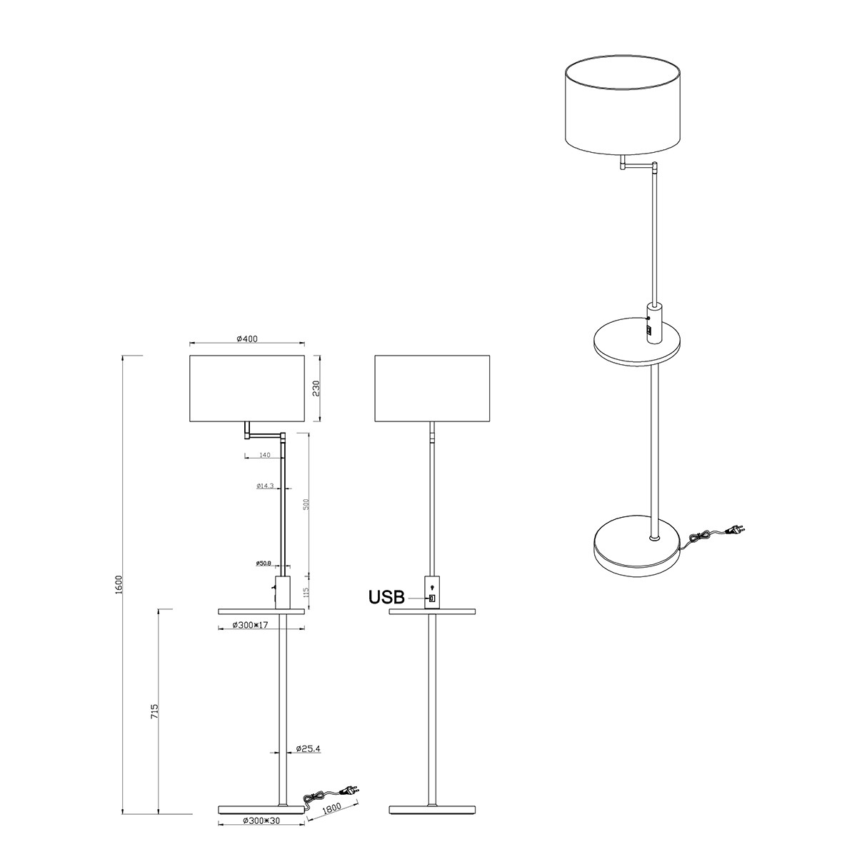 Lampadaire LED - Trion Cliso - Douille E27 - Rond - Mat Noir - Aluminium