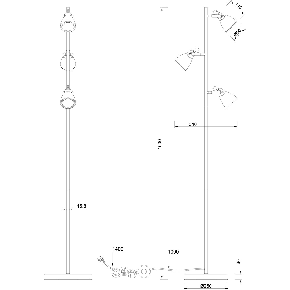 Lampadaire LED - Trion Conry - Douille GU10 - 3-lumières - Rond - Mat Gris Aspect Béton - Aluminium/Béton