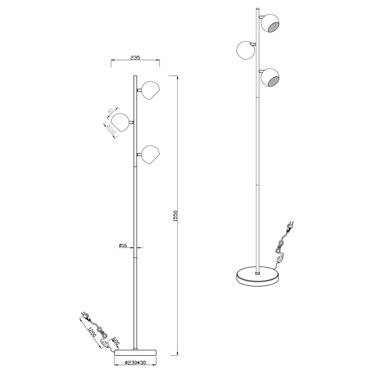 Lampadaire LED - Trion Dakani - Douille G9 - 3-lumières - Rond - Mat Noir - Aluminium