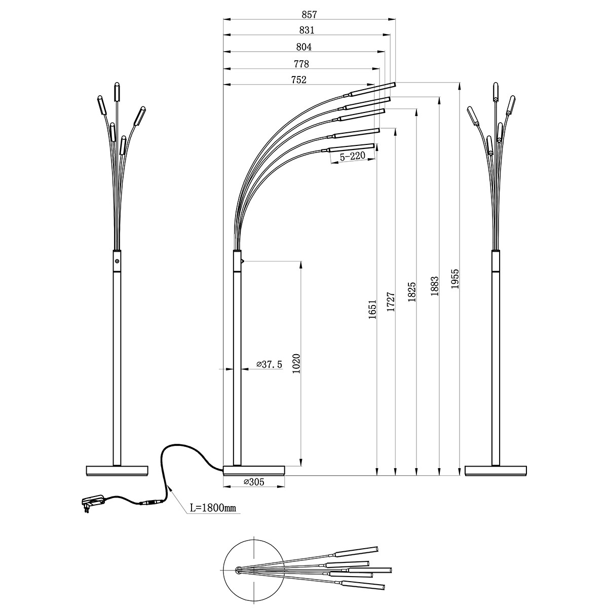 Lampadaire LED - Trion Deer - 15W - Blanc Chaud 3000K - Dimmable - Rectangle - Mat Nickel - Aluminium