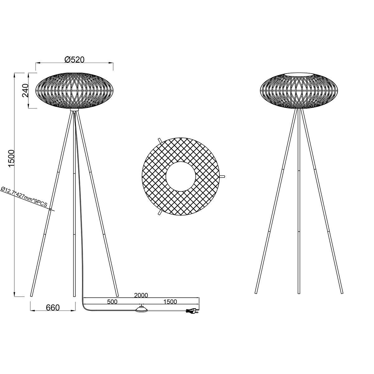 LED Lampadaire - Trion Eddie - Douille E27 - Rond - Noir Mat - Métal