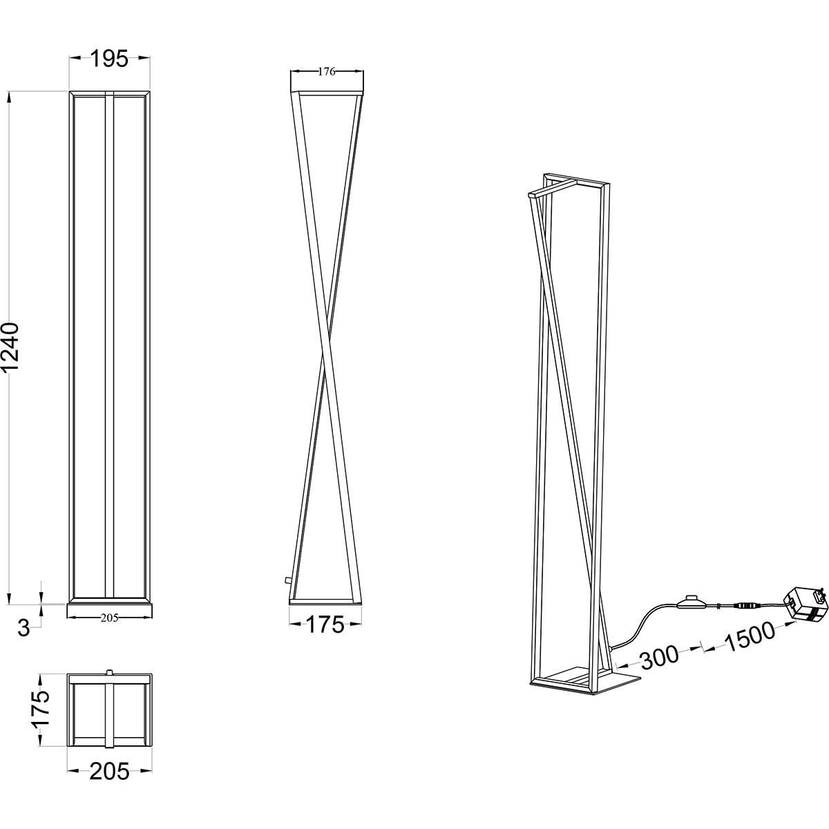 Lampadaire LED - Trion Ediyon - 26W - Couleur de lumière ajustable - Rectangle - Mat Noir - Aluminium