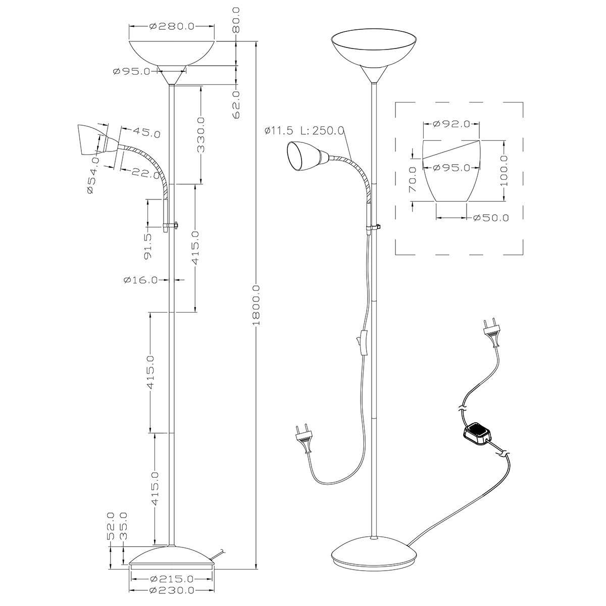 Lampadaire LED - Trion Erza - Douille E27 - Rond - Mat Titane - Aluminium