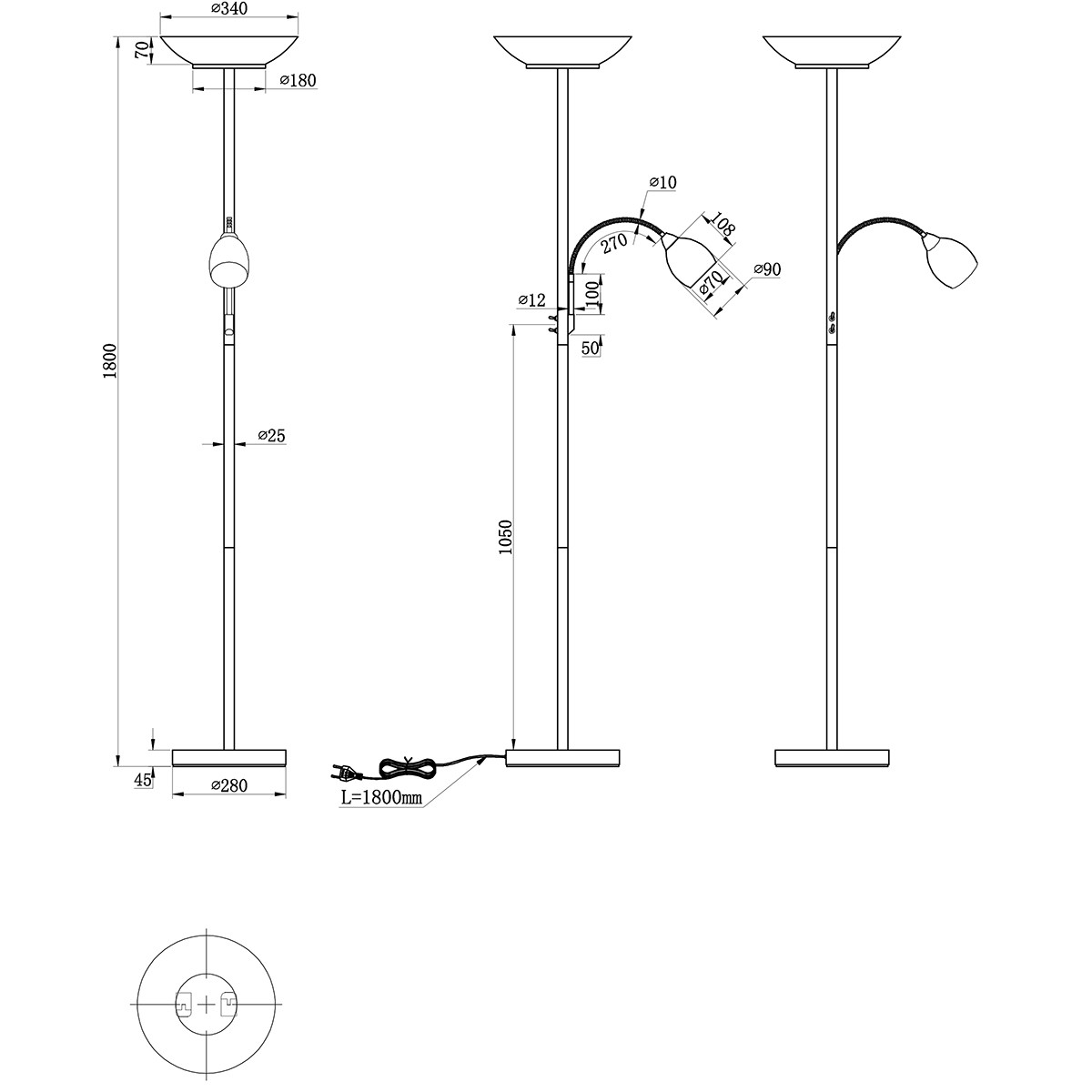 Lampadaire LED - Trion Germin - Douille E27 - Rond - Mat Or - Aluminium