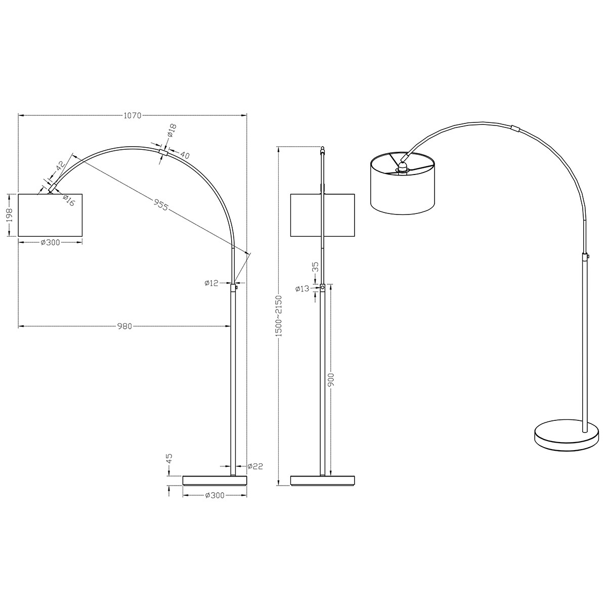 Lampadaire LED - Trion Hotia - Douille E27 - Réglable - Rond - Mat Blanc - Aluminium