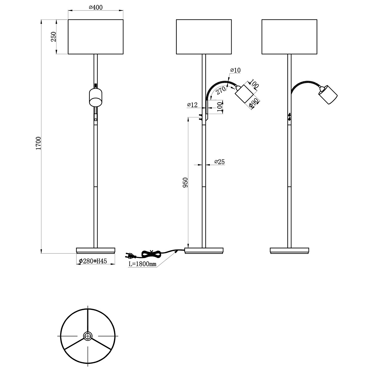 Lampadaire LED - Trion Hotia - Douille E14 - Rond - Mat Blanc - Aluminium