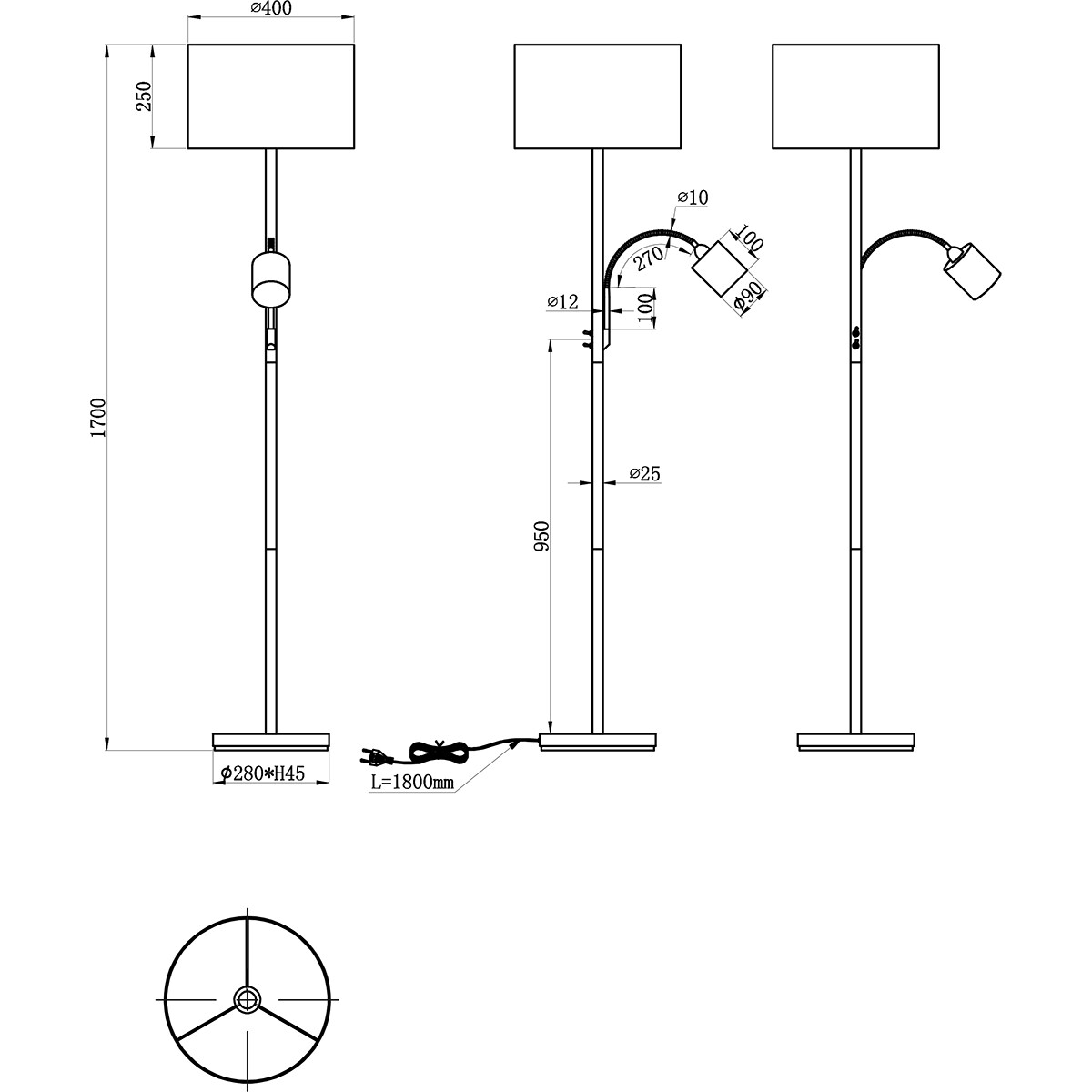 Lampadaire LED - Trion Hotia - Douille E27 - Rond - Mat Crème - Aluminium