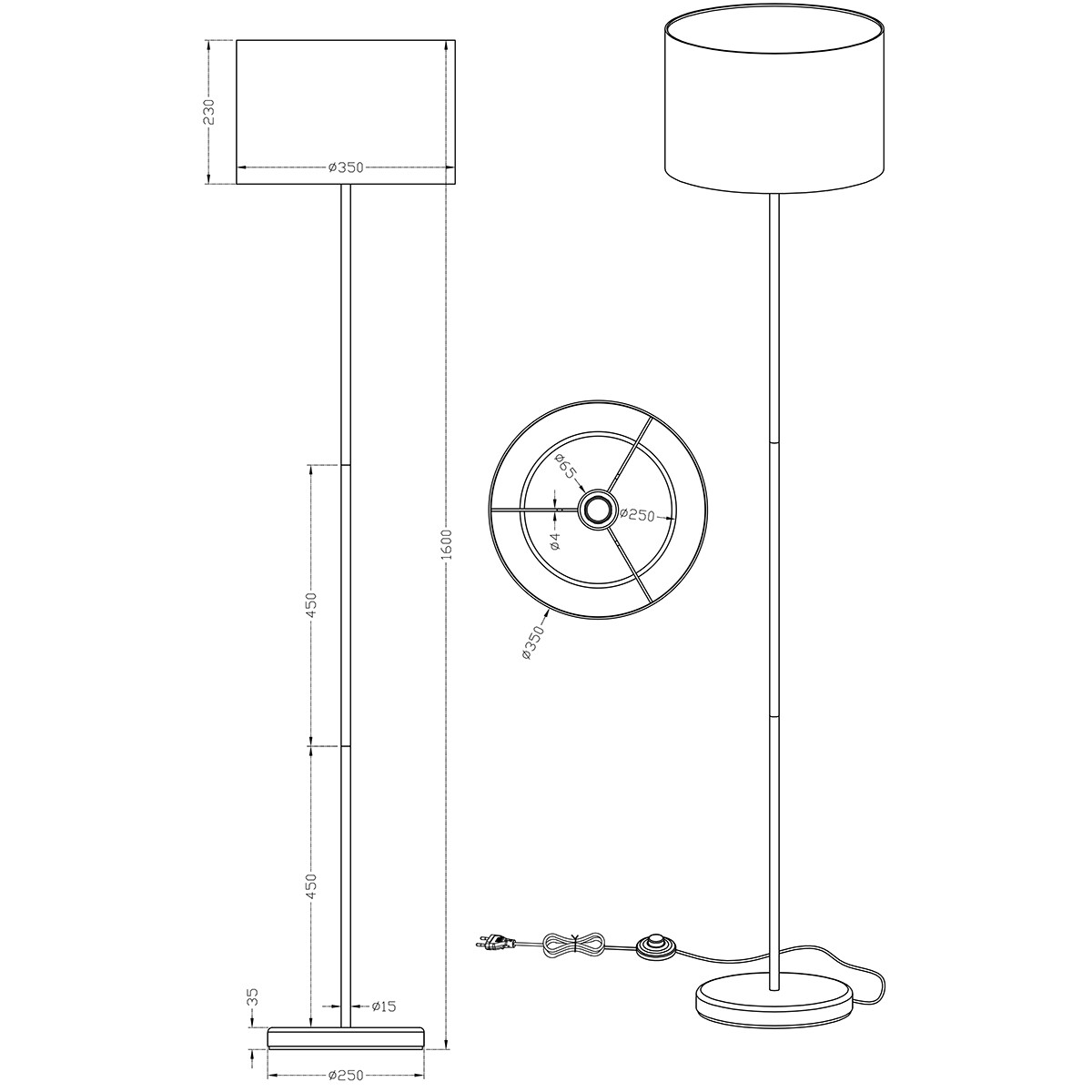 Lampadaire LED - Trion Hotia - Douille E27 - Rond - Mat Blanc - Aluminium