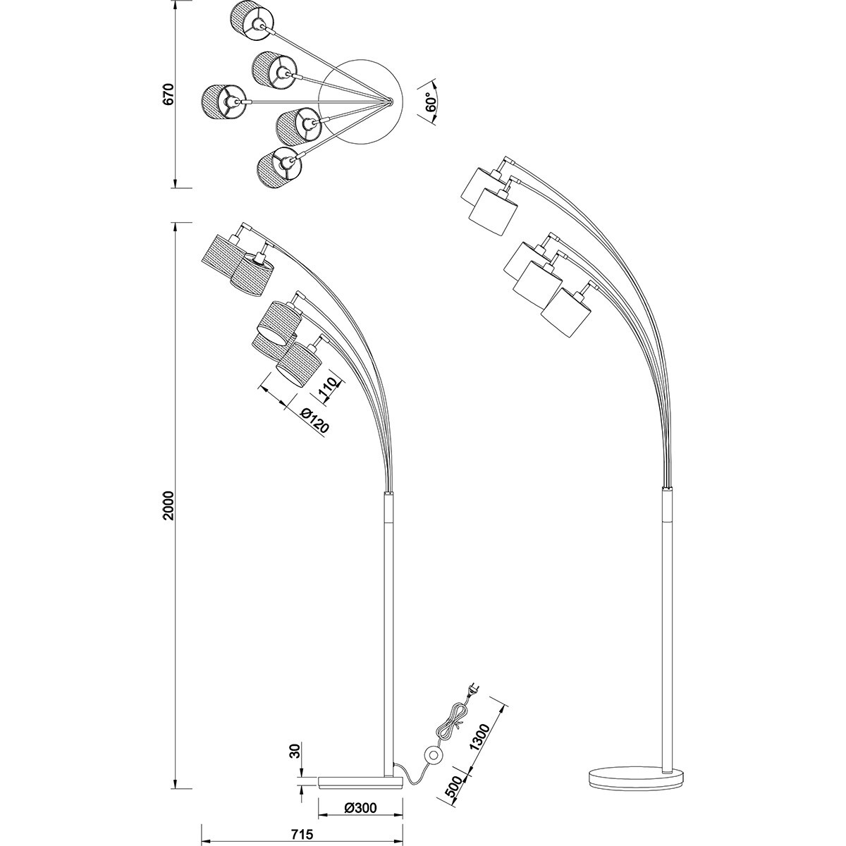 LED Lampadaire - Trion Lazo - Douille E14 - 5-lumières - Rond - Noir Mat - Métal