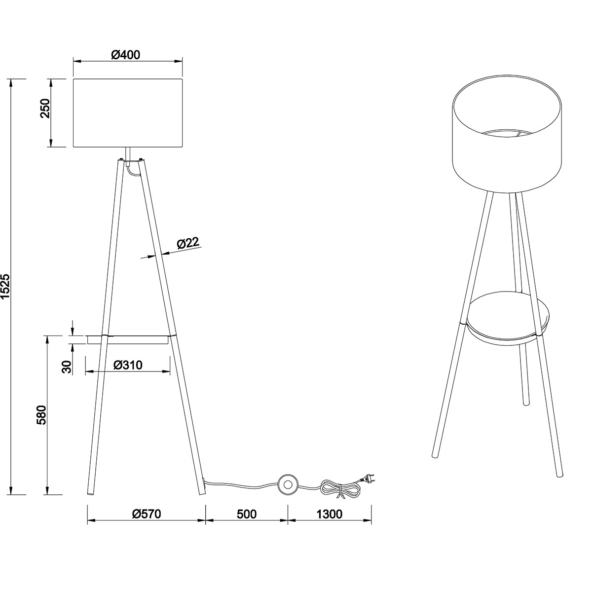 Lampadaire LED - Trion Loet - Douille E27 - Rond - Mat Noir - Métal