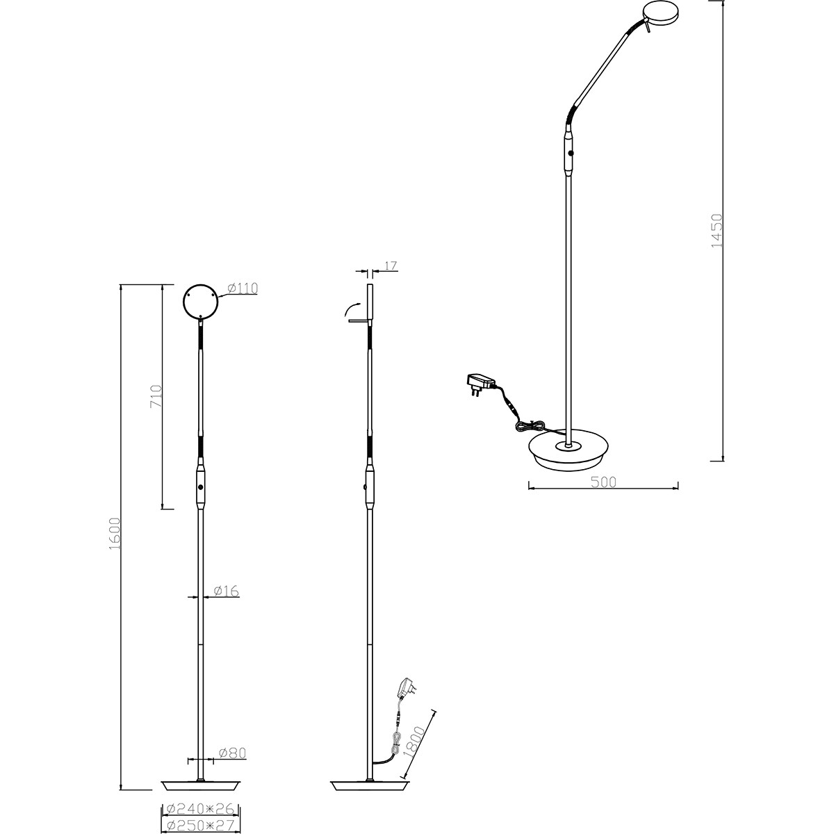 Lampadaire LED - Trion Monzino - 12W - Couleur de lumière ajustable - Dimmable - Rond - Mat Noir - Aluminium