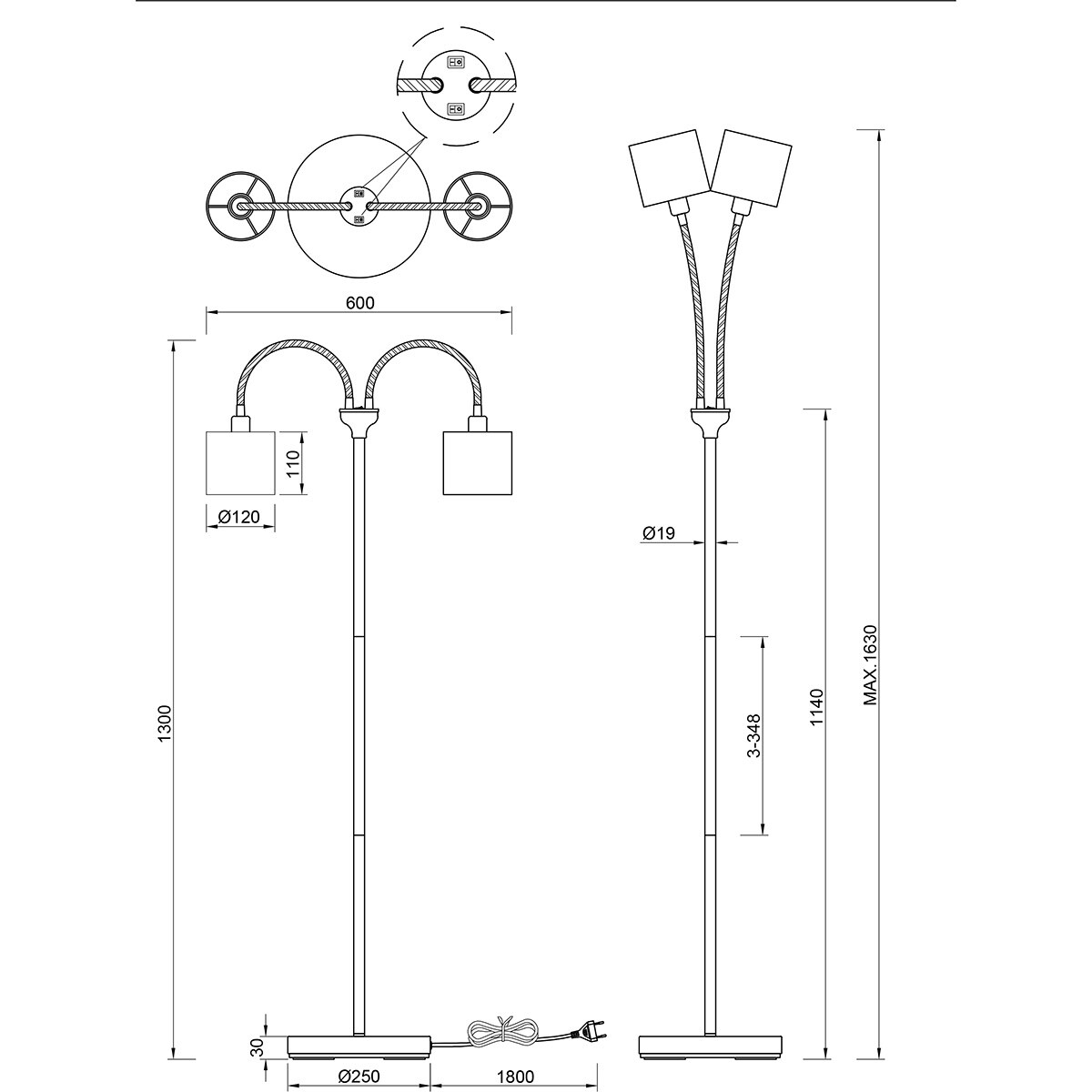 LED Lampadaire - Trion Moty - Douille E14 - 2-lumières - Rond - Noir Mat - Métal