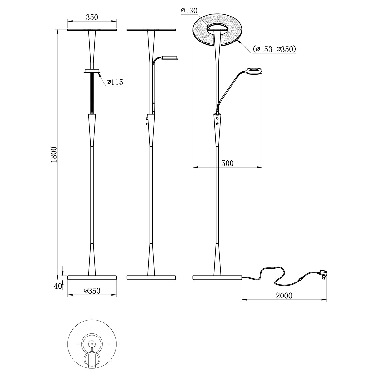 Lampadaire LED - Trion Qubico - 34W + 5W - Couleur de lumière ajustable - 2-lumières - Dimmable - Rond - Mat Nickel - Aluminium