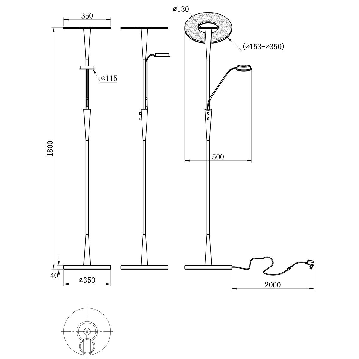 Lampadaire LED - Trion Qubico - 34W + 5W - Couleur de lumière ajustable - 2-lumières - Dimmable - Rond - Mat Or - Aluminium