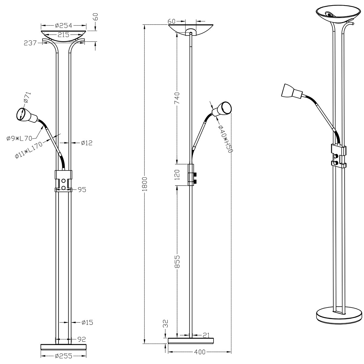 Lampadaire LED - Trion Santoni - 20W - Blanc Chaud 3000K - 2-lumières - Dimmable - Rond - Mat Nickel - Aluminium