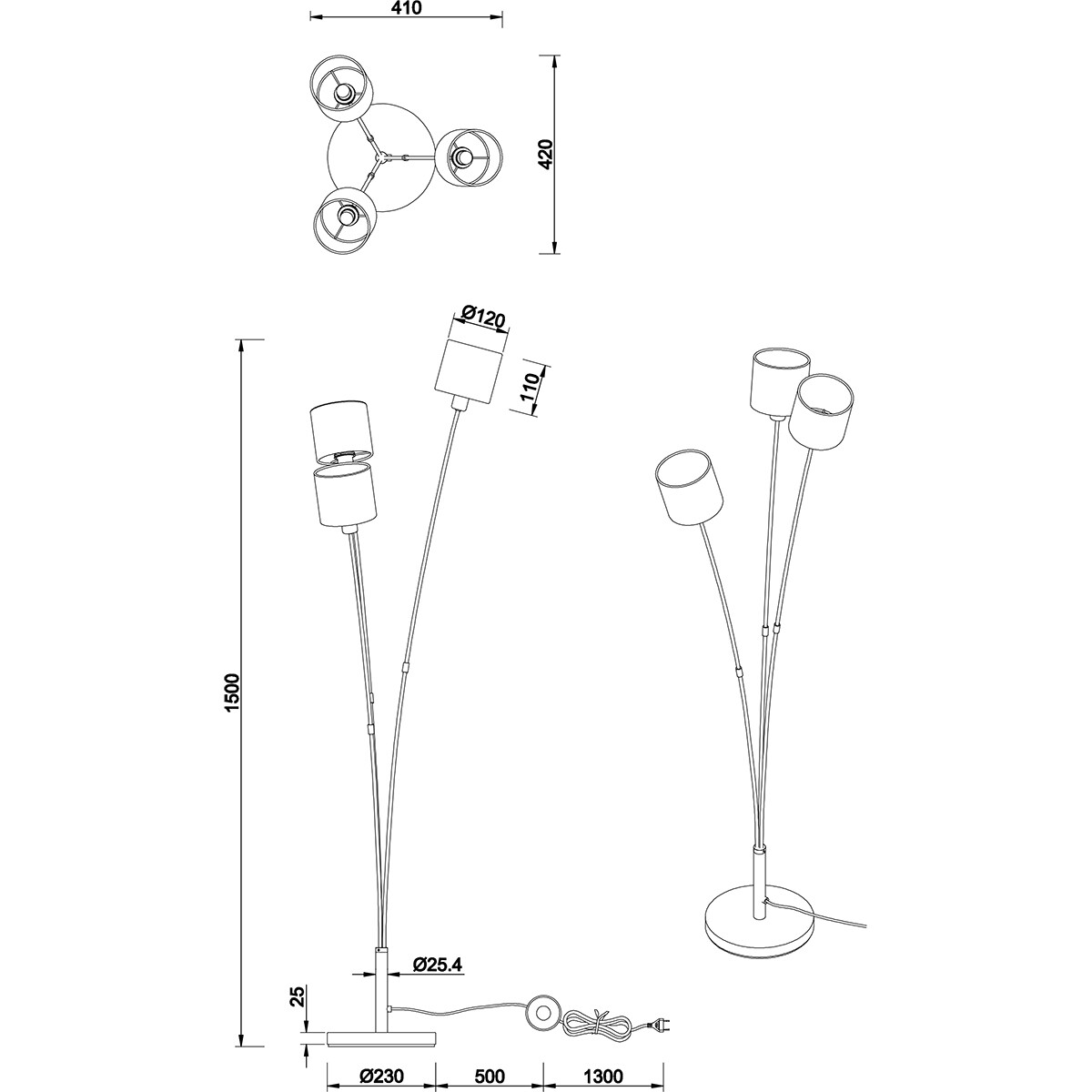 Lampadaire LED - Trion Torry - Douille E14 - 3-lumières - Rond - Mat Noir/Or - Aluminium - Max. 40W