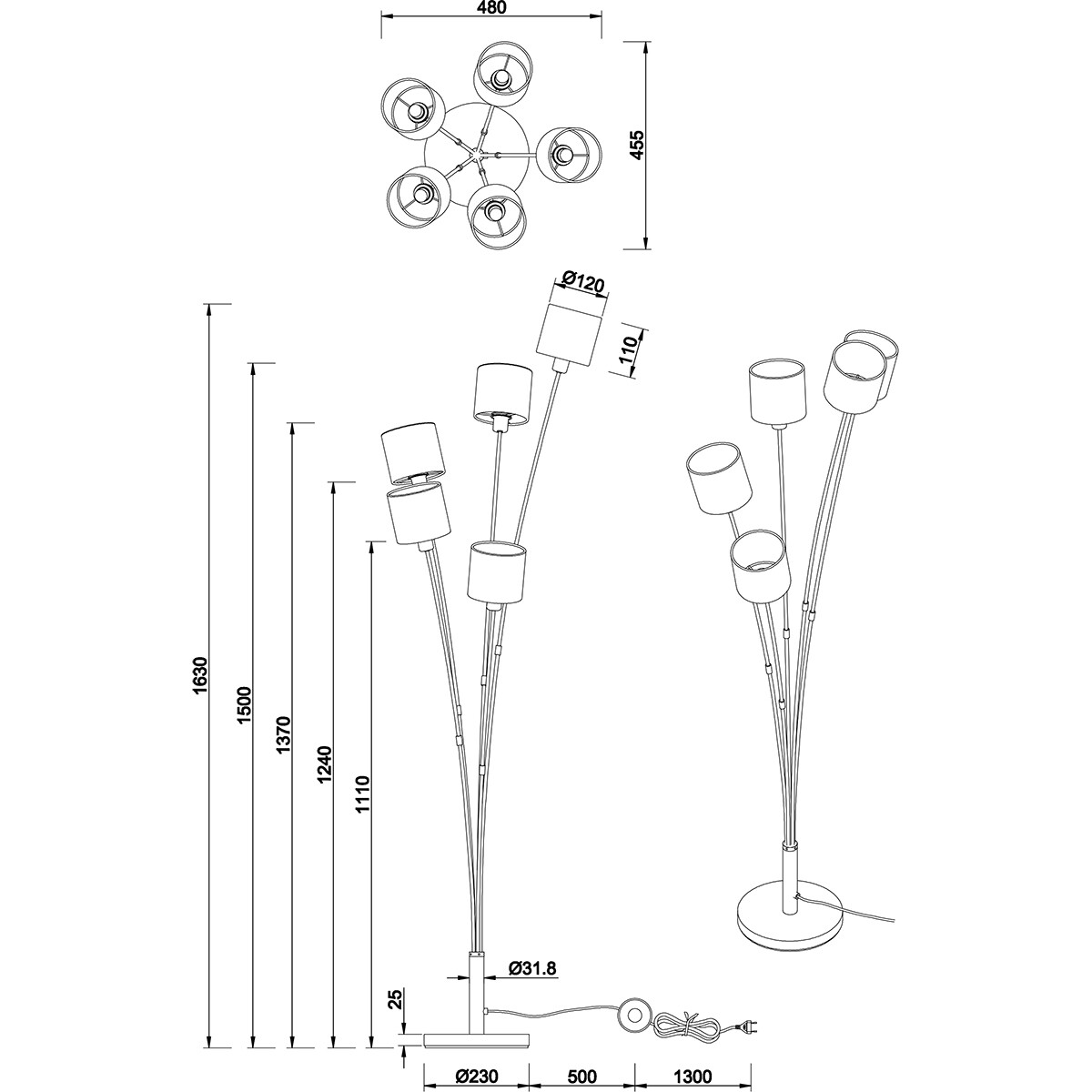 Lampadaire LED - Trion Torry - Douille E14 - 5-lumières - Rond - Mat Noir/Or - Aluminium - Max. 40W