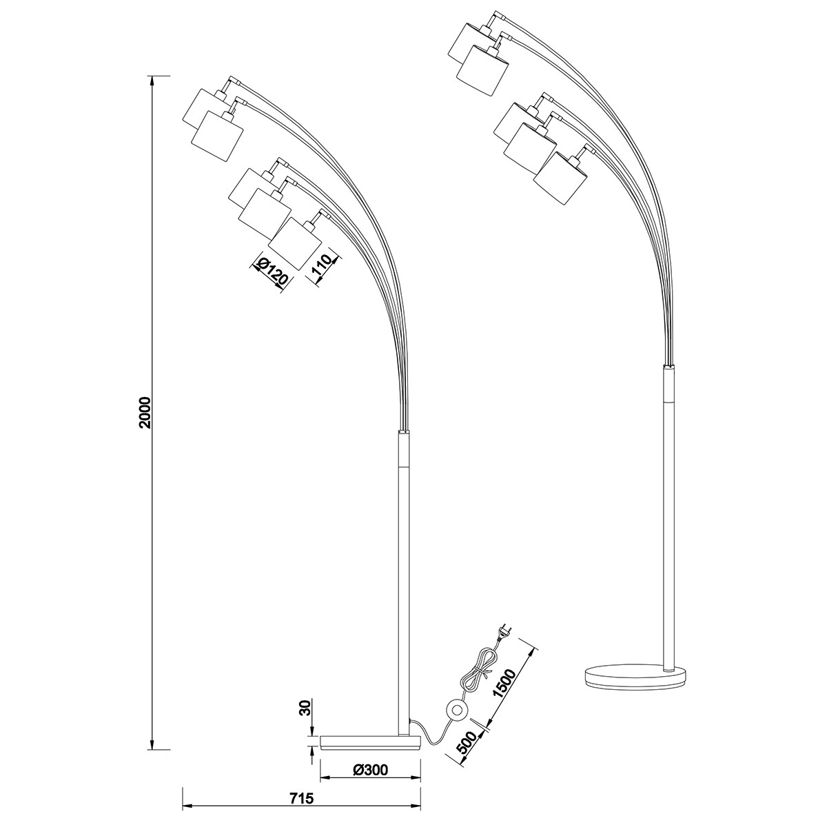 Lampadaire LED - Trion Torry - Douille E14 - 5-lumières - Rond - Mat Nickel - Aluminium - Max. 28W